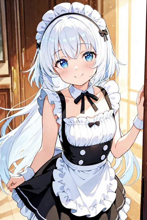 White hair, short hair,  cute girl,  blue eyes, I-cup chest ,  blush,  maid's suit, smiley face