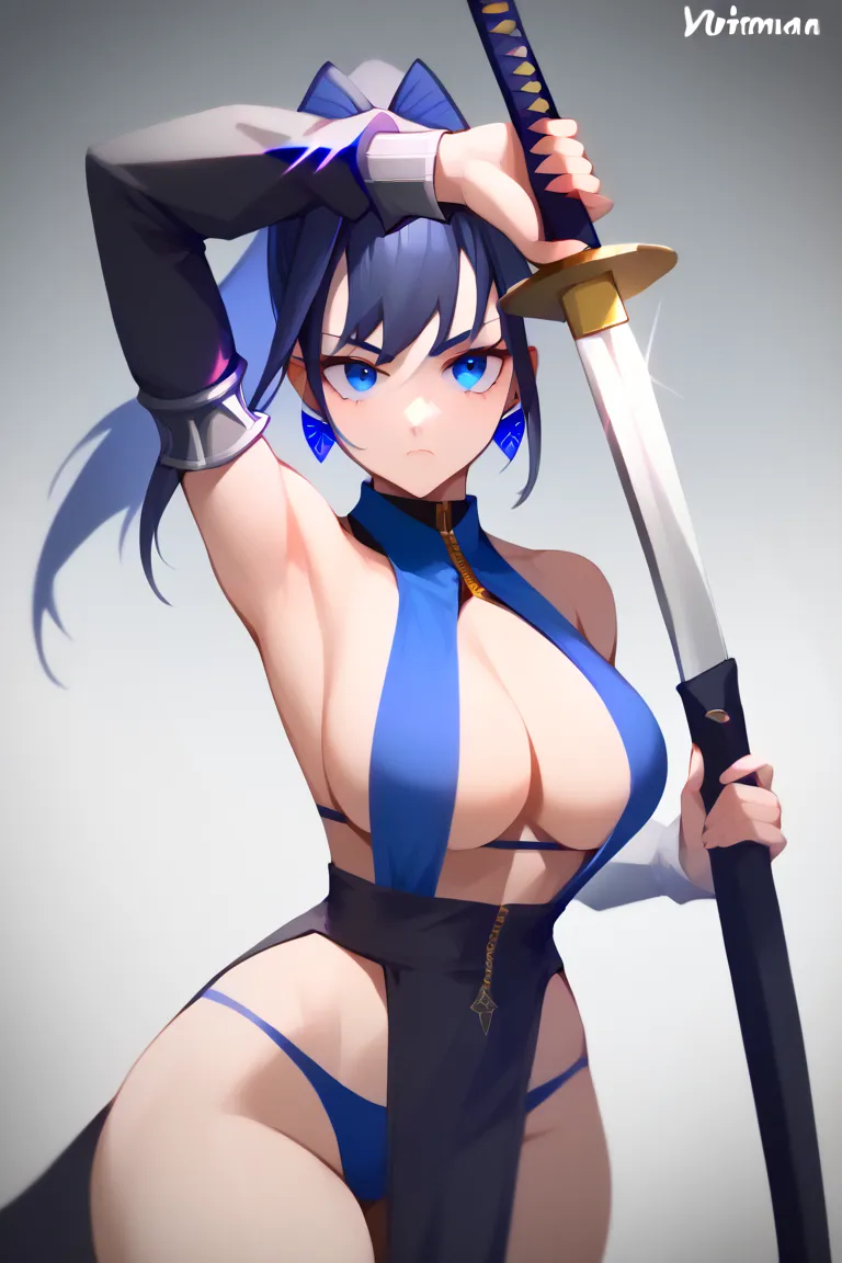 1girl, serious, ((portrait, looking at viewer, arm up unsheathing sword, wearing bikini)), OuroKronii, dark blue hair, ponytail, hair intakes, dark blue eyes, large breasts, narrow waist, wide hips, thick thighs, absurdres, high res, ultrasharp, 8K, master...