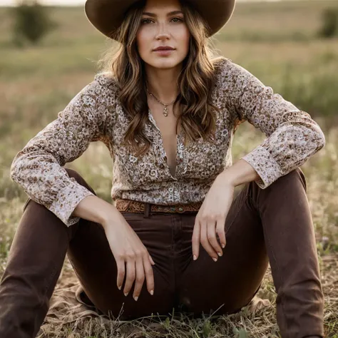 arafed woman in a hat and brown pants sitting on the ground, cowgirl, western clothing, western cowgirl, sitting in a field, bohemian fashion, female cowgirl, sitting in a field of flowers, country style, boho style, portrait rugged girl