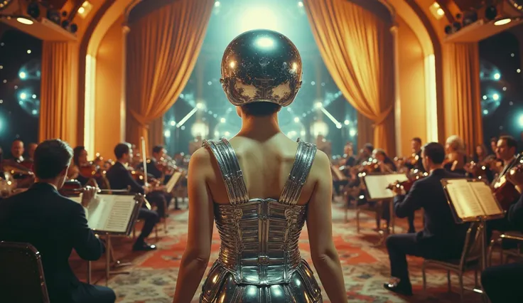 A regal woman in a sculptural chrome gown with dramatic shoulder accents stands in the center of an opulent space opera house. Her gleaming metallic mask conceals her identity, adding to the air of mystery. The retro-futuristic orchestra behind her feature...