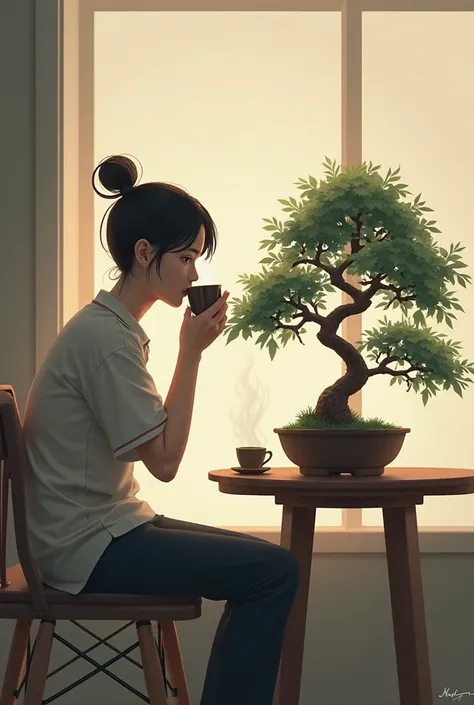 A person is seen drinking coffee and looking at their bonsai tree in a relaxed way