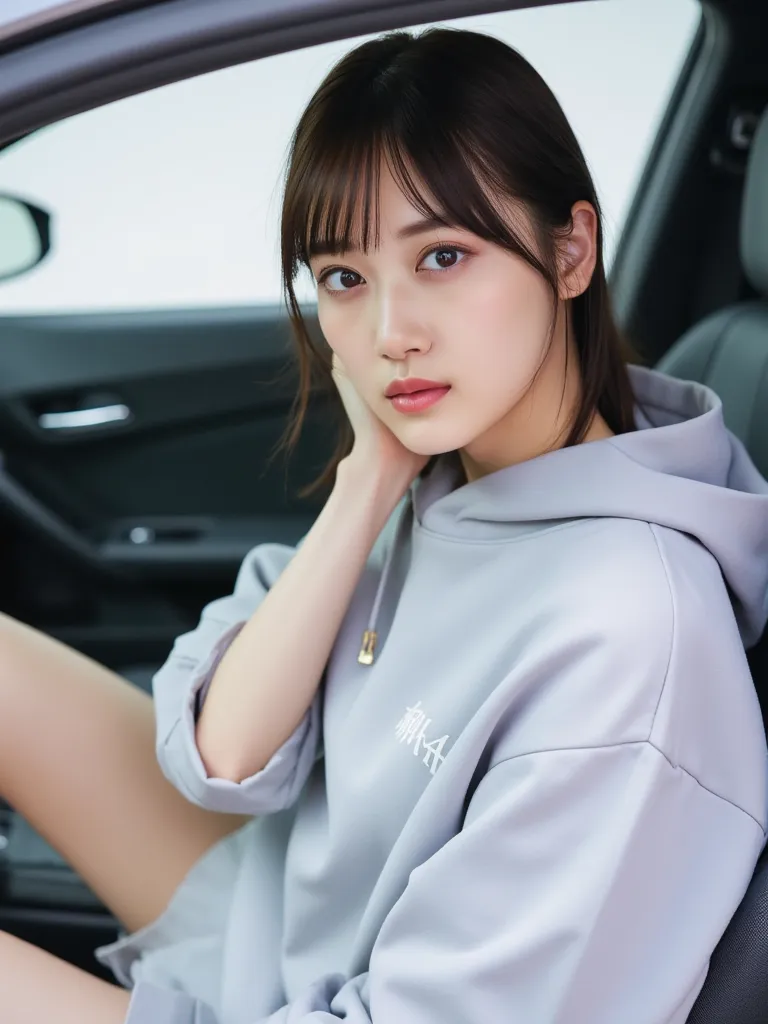 ((Top quality 8K masterpiece:1.2, Photorealistic:1.6)), Ultra Detailed Professional Photo Shoot ,  Extremely Detailed Nogizaka Girl, beautiful woman under hoodie, Clothes that make you see your chest,  white panties , Reflective eyes, 魅惑的な顔, sitting in the...