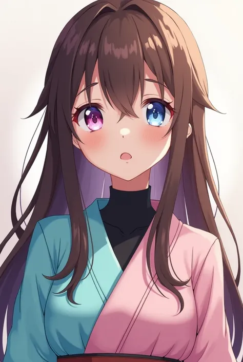 anime girl with brown long hair and one eye very light blue and the other very light purple she wear an arabian tirara ginshin style a bit of dark skin wearing a mini kimono degrade light turqwaze and light pink her kimono is showing her shoulders and ches...