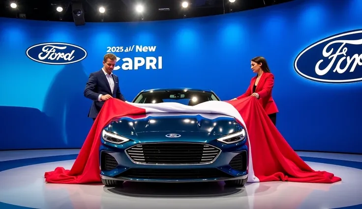 "A grand car unveiling event showcasing the all-new 2025 Ford Capri on a futuristic stage with sleek lighting and a modern backdrop. Two elegantly dressed presenters, one man in a navy-blue suit and one woman in a red blazer, are dramatically pulling off a...