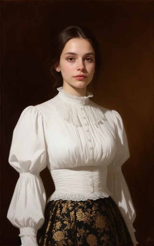 brocade_victorian_blouse,lace_collar,cinched_waist,puff_sleeves,delicate_embroidery,high_neck,elegant_posture,serene_expression,photorealistic,8k,ultra_detailed,dramatic_lighting,ornate_victorian_interior,warm_color_palette,chiaroscuro_effects,portrait_pai...