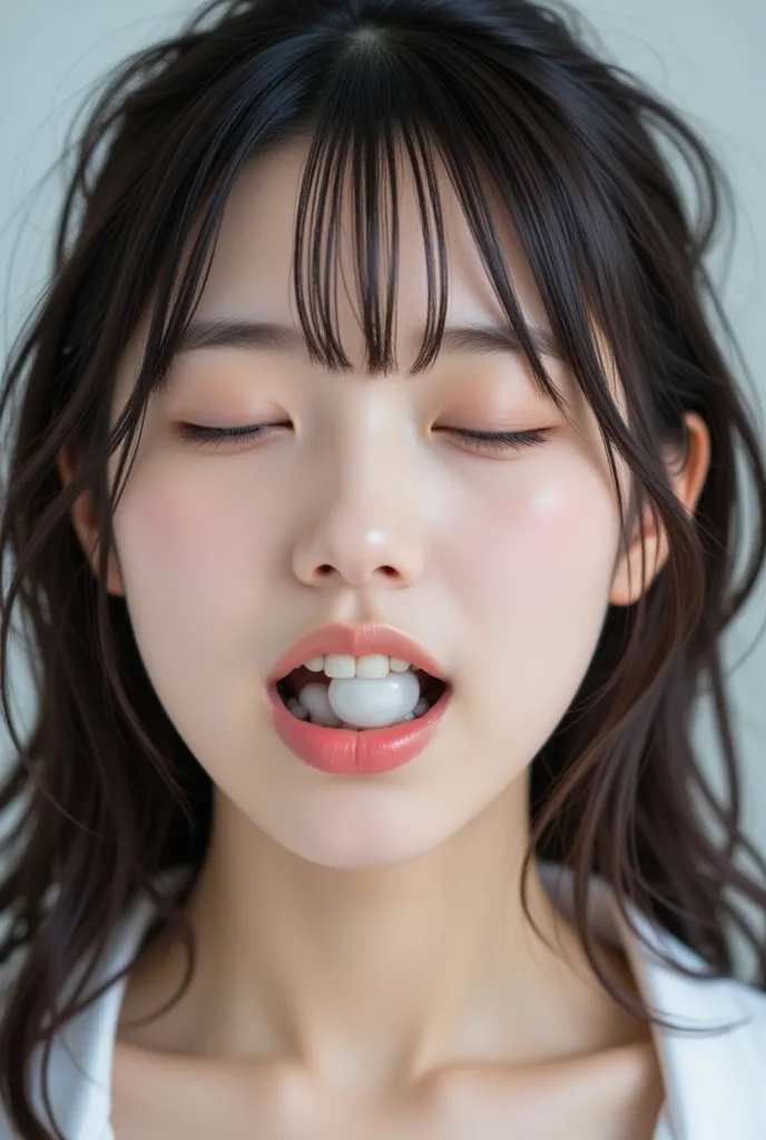 Highest quality, masterpiece,  Ultra High Definition, 16k, Half-body portrait,  Young Chinese Woman ,   close your eyes tightly  ,  open your mouth,  open mouth and inside the mouth It's clearly visible from the white ball of glue in it {x} A white plastic...