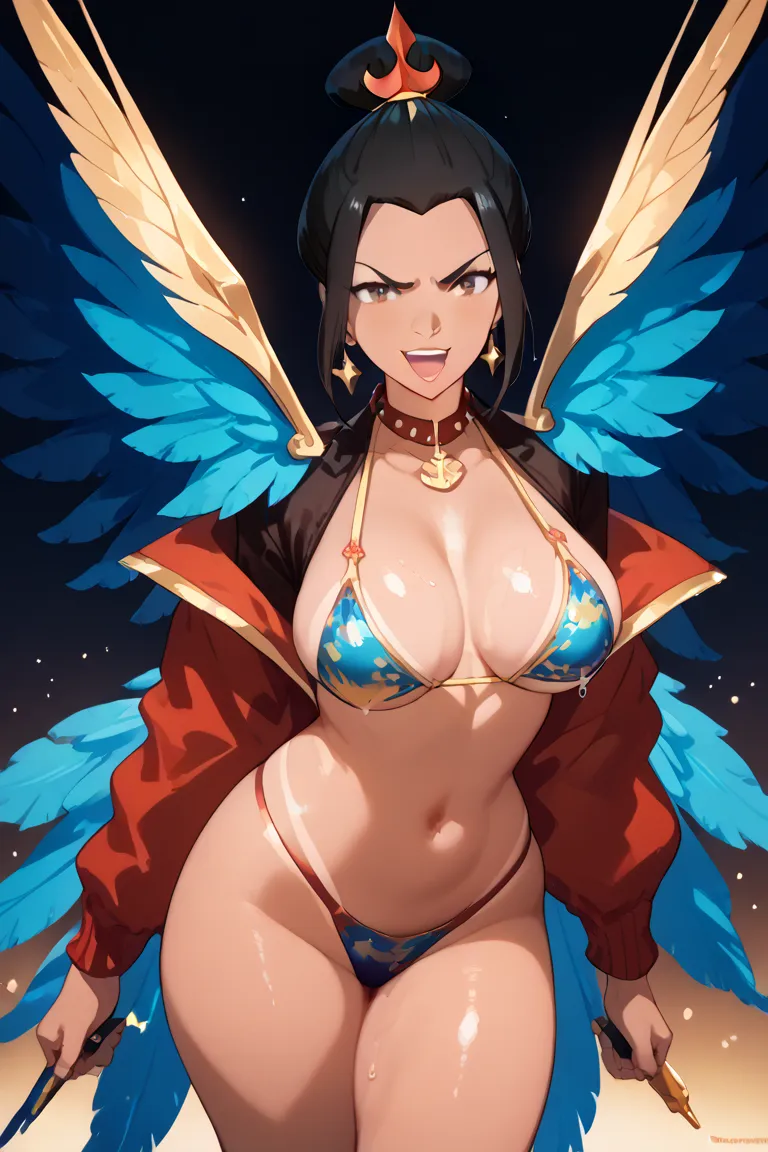 "Azula  with long, smooth black hair, deep brown eyes, well-tanned skin with a visible bikini mark.  Curvy athletic body , with an imposing posture. She wears a luxurious costume as a drum queen from Rio de Janeiro Carnival, composed of a bikini studded wi...