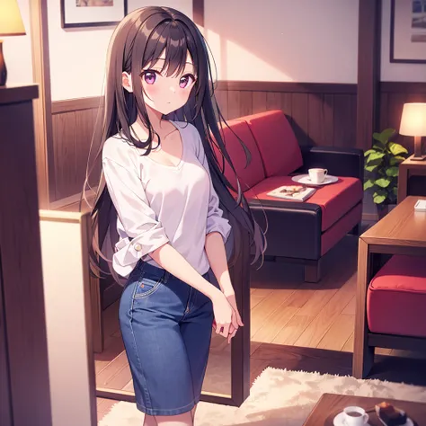   night 、living room at home、cute dark-haired girl in casual clothes、the girl is standing and looking forward、There's no one but a girl、 definitely 、Hands do not move