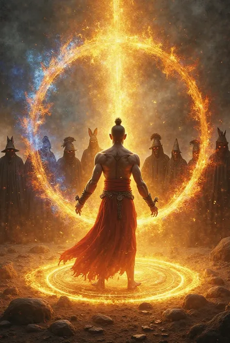 A legendary warrior, the Avatar, stands at the center of a glowing circle, radiating golden Celestial Energy. He channels the forces of fire, water, earth, air, light, and time, with each element swirling around him in vibrant colors. In the background, se...