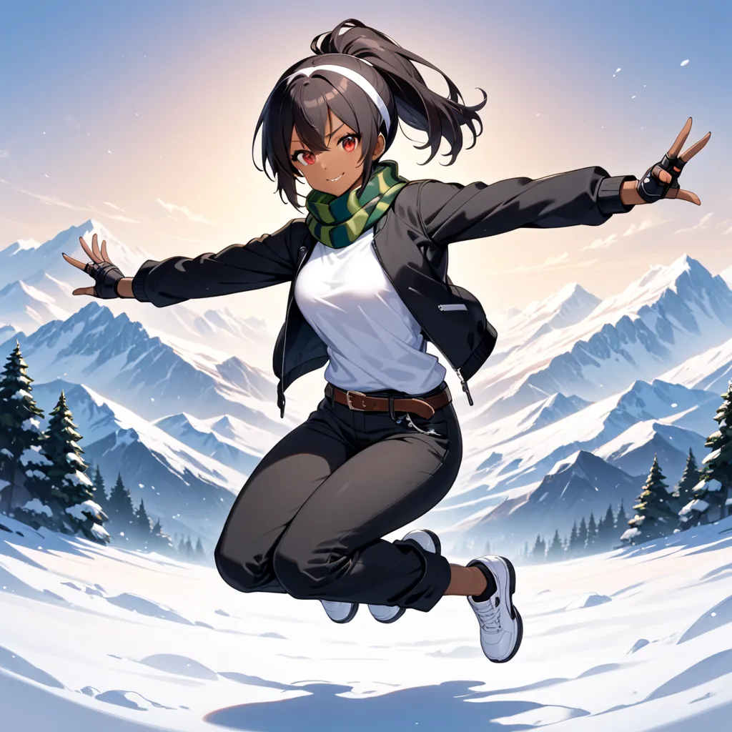 1girl, dark skin, black hair, ponytail, hair between eyebrows, red eyes, green scarf, confident smile, she is wearing ((black jacket with rolled up arms)), open jacket, black fingerless gloves, white T-shirt, (( white headband)), black long pants, white sh...