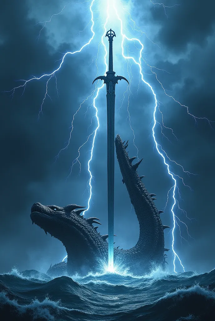 From heaven God sends lightning and an enormous sword that wounds the head of the sea dragon Leviathan in the sea, The sea opens up and the monster is thrown into the bottom