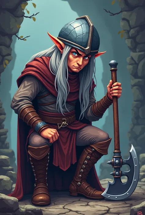 an elf with long hair and gray color, holding a double-edged axe, with a worried expression because he is trying to put on a helmet but having problems since his ears are long. in Pixel Art 