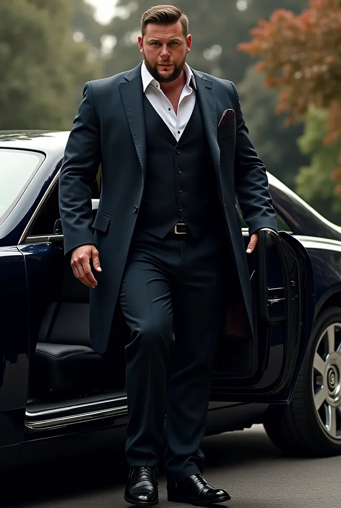 Elegant man, with a thick muscular body, with a thick neck, stepping out of a rolls Royce car