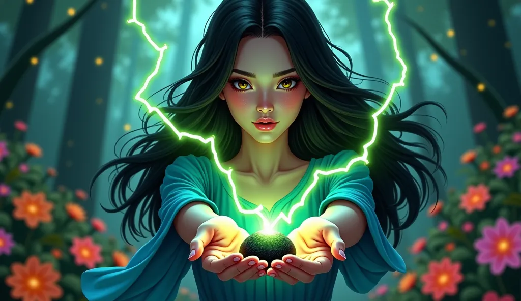 digital illustration of a young beautiful lady with long black hair wearing a blue dress, her two hand holding a lightning glowing green very small black stone in the dark forest. scattered of lightning glowing green and orange surrounded his body.  the ba...