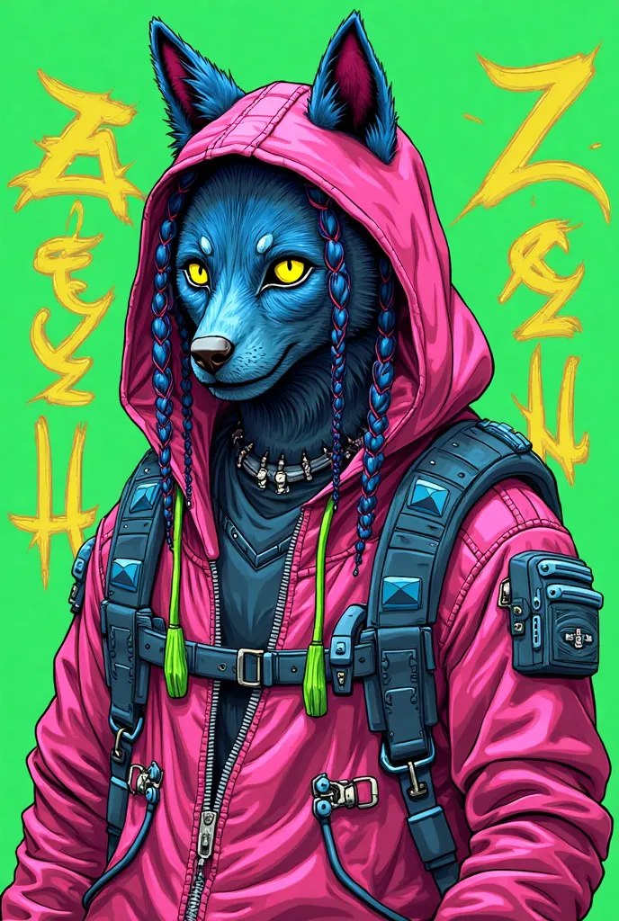 vibrant, cyberpunk-style illustration of an anthropomorphic wolf or feline character with a futuristic, robotic design. The character is wearing a neon-colored hoodie with intricate details, including a mix of fabric and cybernetic enhancements. The face i...