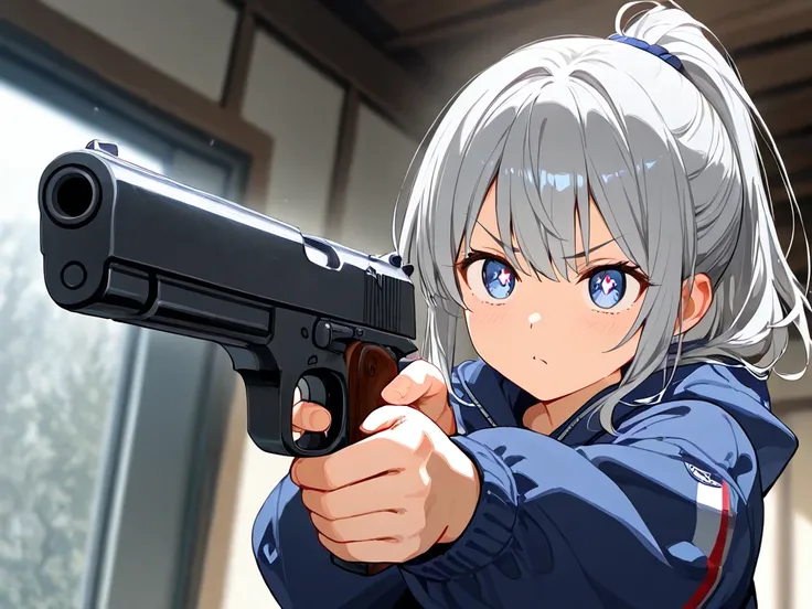 A high school girl with gray hair and a ponytail wearing a windbreaker、Shooting a gun。