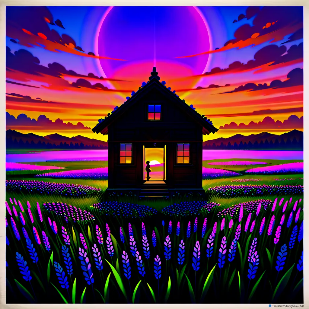 A picture of a bouquet of flowers on a lush green field, floral sunset, purple and yellow sunset, magical colorful flowers, composition in the background is a wall like from Attack on Titan, In the middle of it all, a beautiful wooden hut, Beautiful compos...