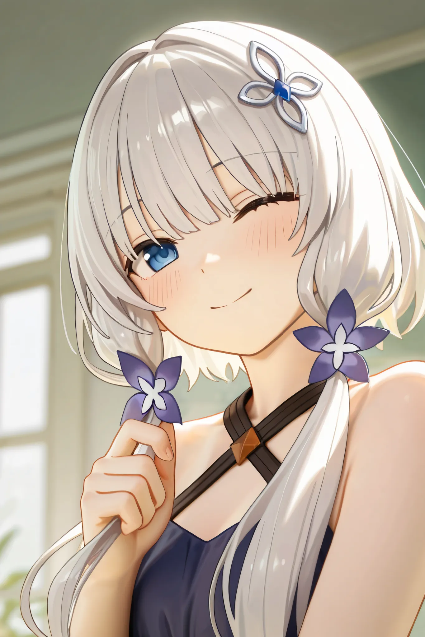 NSFW,masterpiece,Highest quality,High Resolution,very detailed, short girl,timid girl, Silver Hair,short hair, short hair,One eye is covered by bangs,hair ornaments close to the garden