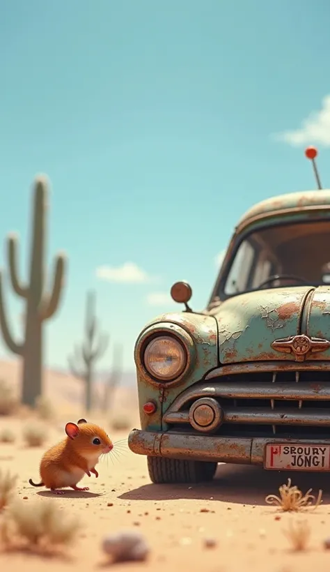 A small brown hamster with curious eyes finds an old, rusty car in the middle of a vast sandy desert. The scorching sun shines on the blue sky, and cacti dot the landscape in the background.