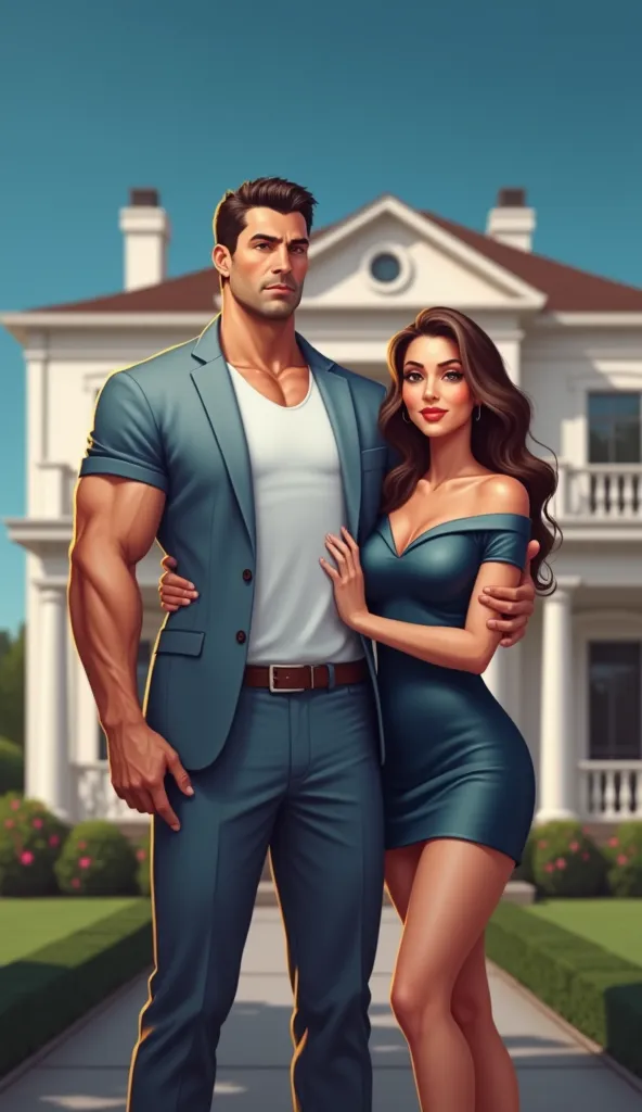 A man and a woman, positioned in the center of the image, stand in front of a large, light-colored house. The man, light-skinned and middle-aged, is muscular and wears a light-blue suit jacket over a white t-shirt. He has short, dark hair, a beard, and a s...