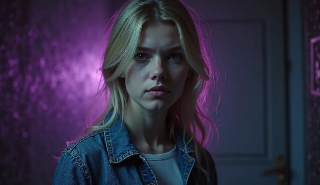 A dramatic and suspenseful true crime YouTube thumbnail featuring a young woman with blonde hair, wearing a denim jacket, and giving a neutral or slightly serious expression. The background is dark with purple and blue hues, featuring a faint fingerprint t...