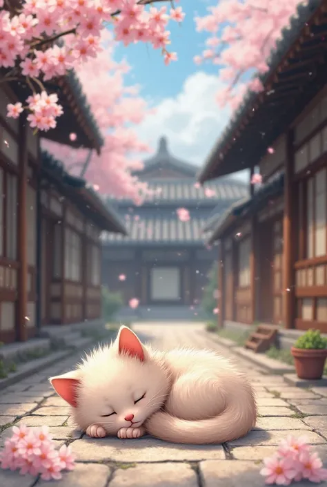 A real kitten is sleeping in a town from the Sengoku period