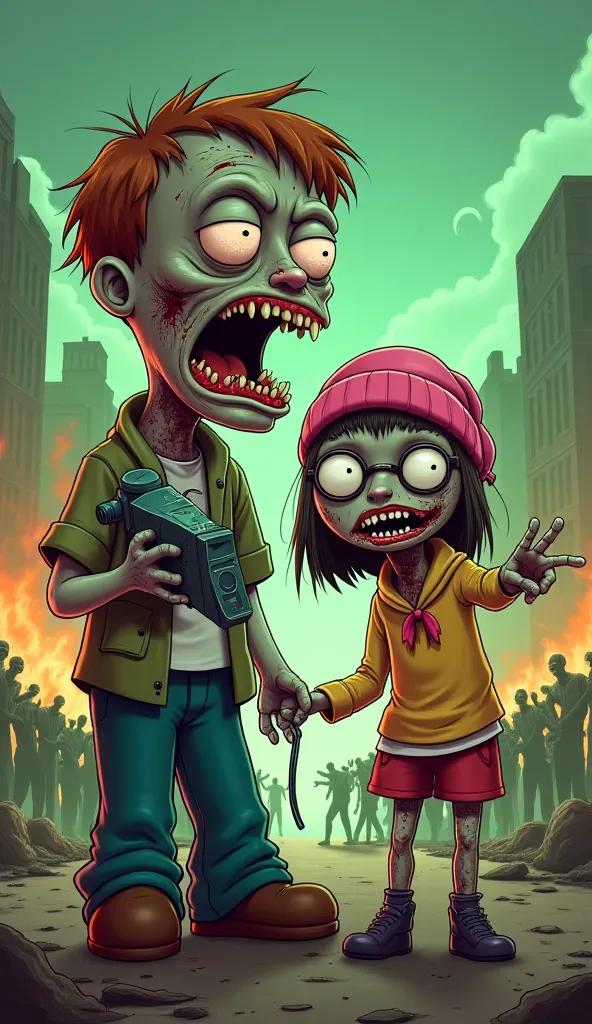 "A highly detailed horror-style digital painting of Stewie Griffin and Meg Griffin mid-transformation into zombies. Stewie holds a futuristic zombie mind-control device, his face partially decayed, and one of his eyes glowing red. Meg's glasses are cracked...