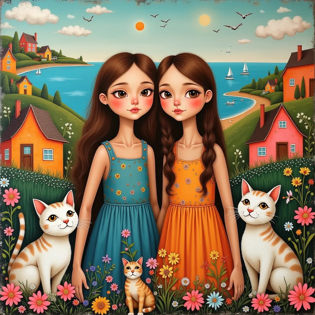 Patchwork collage, with old paper, rags. Stylized figures, hand-drawn with ink and bleach stains mixed with messy oil brushstrokes. Women, long brown hair, big sweet hazel eyes, soft lips. Life with their cats .Background, sea beaches, flowers, houses, roo...