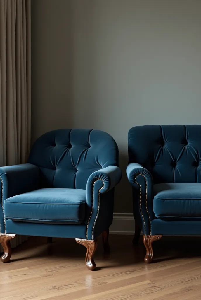 A picture of a dark blue sofa and a chair in dark brown 