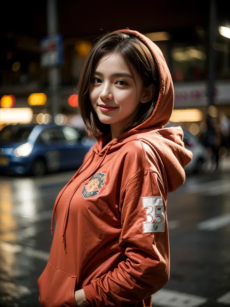 Top quality, ultra high resolution, realisitic, Beautuful Woman, Beautiful detail eyes and skin, smile, Light brown short-cut hair, She is wearing (red hoodie, Manchester United shirt), posing for a photo, photo of slim girl model, gorgeous model, IG-Model...