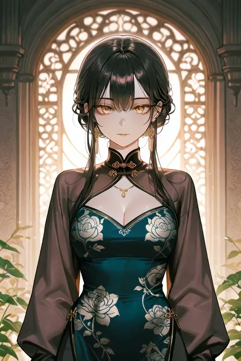 "A young, elegant woman with long, black hair and piercing golden eyes. Her pale skin contrasts with her dark hair, and she wears a traditional red Chinese dress.