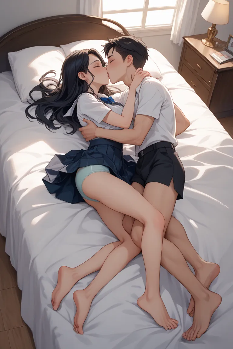 underwear　young woman　Kissing a man　 black hair　 long　full body　 bed　 lie down　high school girl