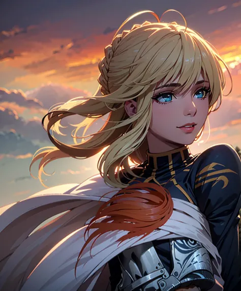 girl with blond hair，Holding a long sword，The background is a sunset sky，There are lots of orange-red clouds