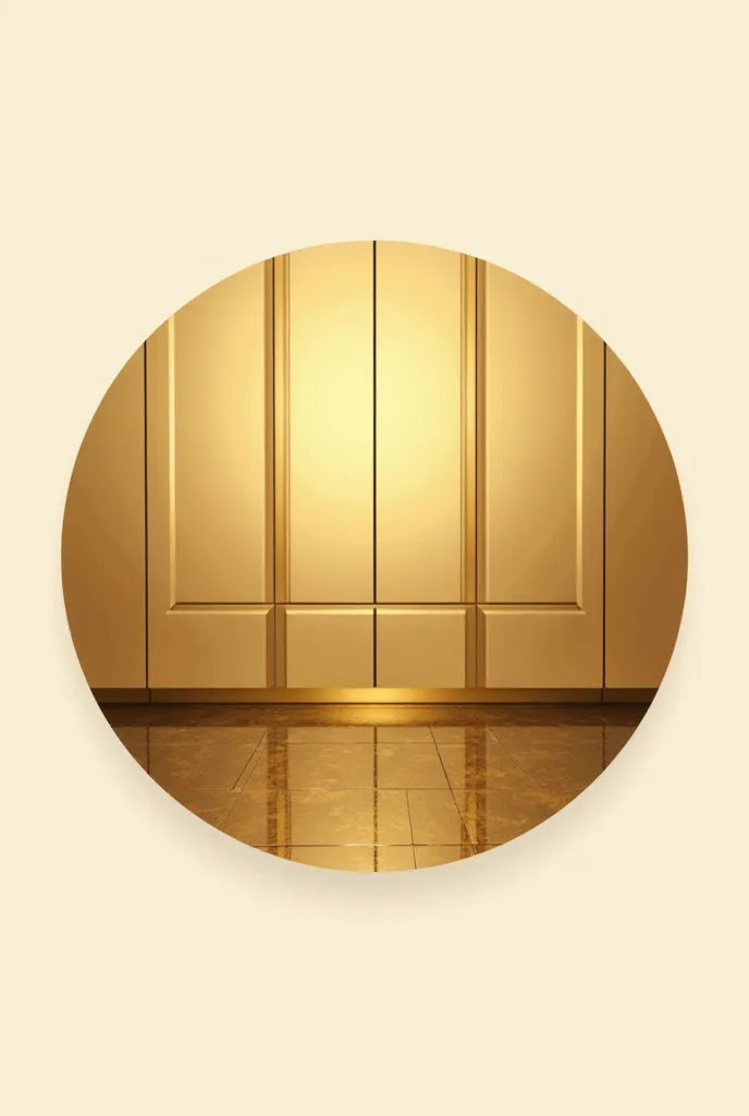 Create golden circular logo for furniture with a kitchen cabinet complete with the top as a golden silhouette in the middle 