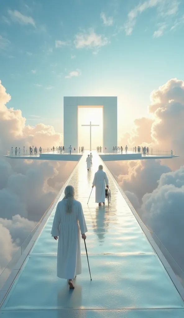 The image depicts a serene and celestial scene. A long, elevated glass walkway with a sleek white structure extends through the sky, surrounded by soft clouds and an ethereal atmosphere. This path leads to a grand white gateway with a glowing cross at its ...