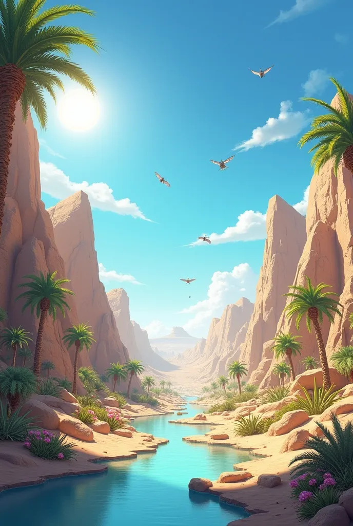 3d anime capture. Daytime desert with a section full of vegetation and tall trees with a few palm trees with striking green tones. Glyphs flying in the sky and desert captus plants with pink flowers. The sun at noon with a blue sky. Some ruins of pillars o...