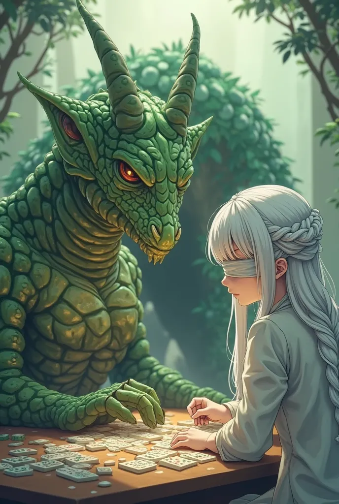 The "green Chimera Ant King" that mimic the human body playing mahjong with a blind girl with long, braided, white hair with a band over the eyes. All this in anime artstyle