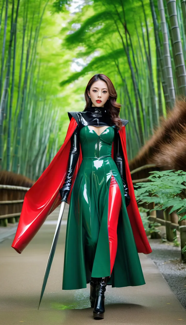 japan women hood up latex coat with long sleeve cape and latex long wide Skater skirt very higth latex heel and latex gloves with equipped hidden blade in medieval japan Arashiyama in summer, and walk ,4K sophisticated and highly detailed, ultra hd, realis...