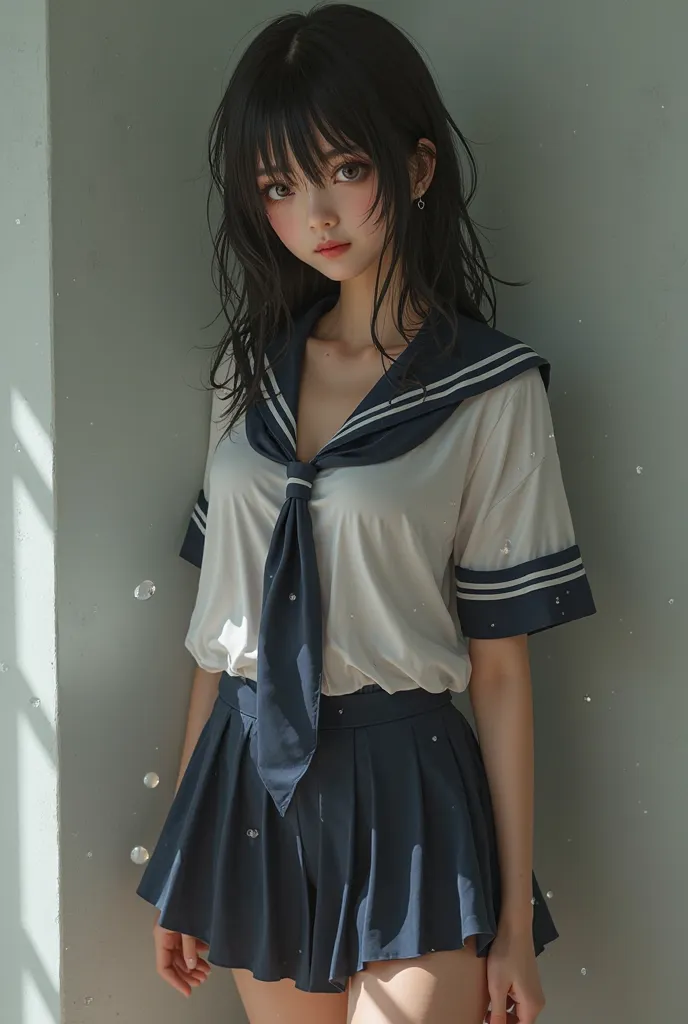 Sexy Japanese girl in school uniform who gets her clothes wet 