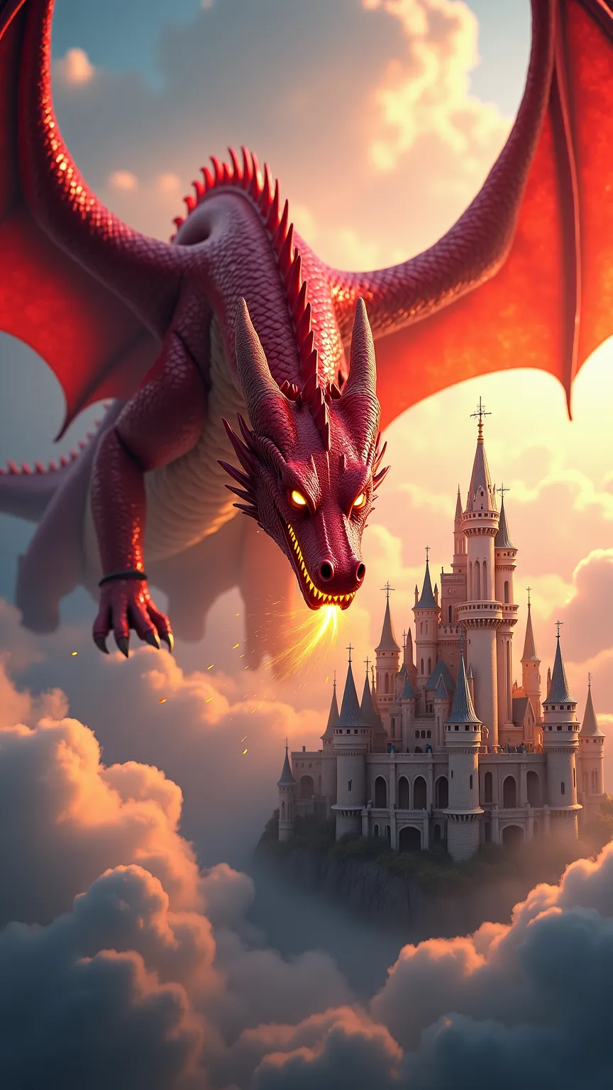 super realistic high pigmentation Large red dragon with red wings and yellow glowing eyes flying and destroying through heaven on top of a heaven like place with clouds and majestic castles soaring through, the dragon is looking down spitting fire on the c...