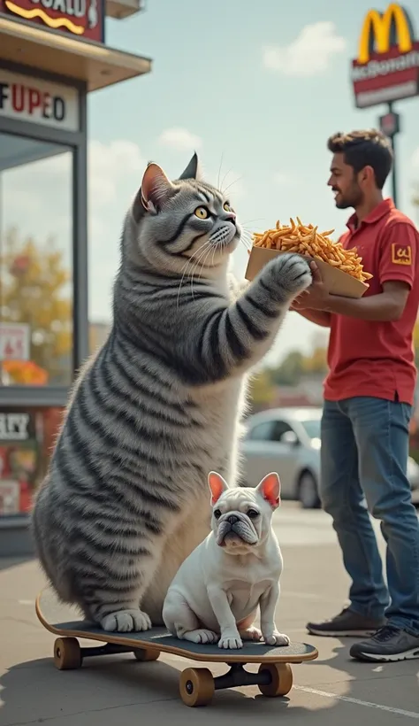 A large, ultra-realistic and cute gray cat with white stripes stands upright on a skateboard. At the front of the skateboard, a small white French bulldog sits comfortably. The cat is reaching out to receive a meal from the drive-thru window at McDonald's,...