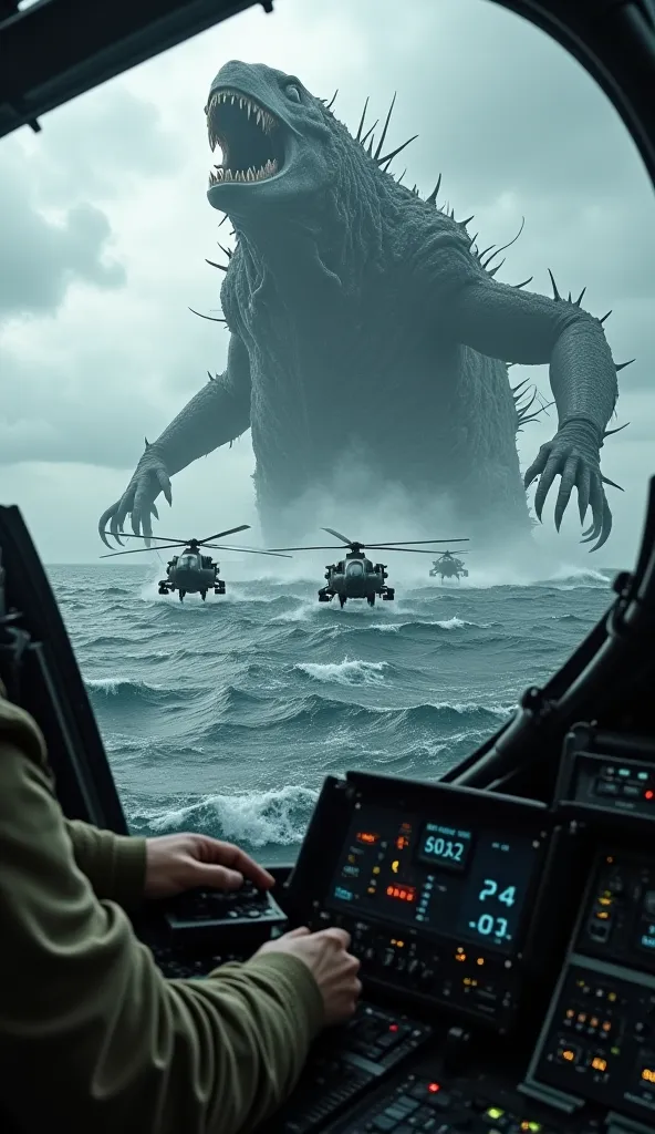 Several military helicopters surrounding a giant monster in the ocean, Camera coming from inside a helicopter showing only the hand of a soldier 