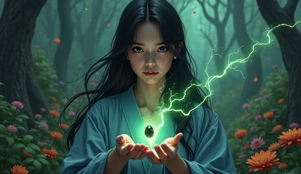 digital illustration of a young beautiful lady with long black hair wearing a blue dress, her two hand holding a lightning glowing green very small black stone in the dark forest. scattered of lightning glowing green and orange surrounded his body.  the ba...