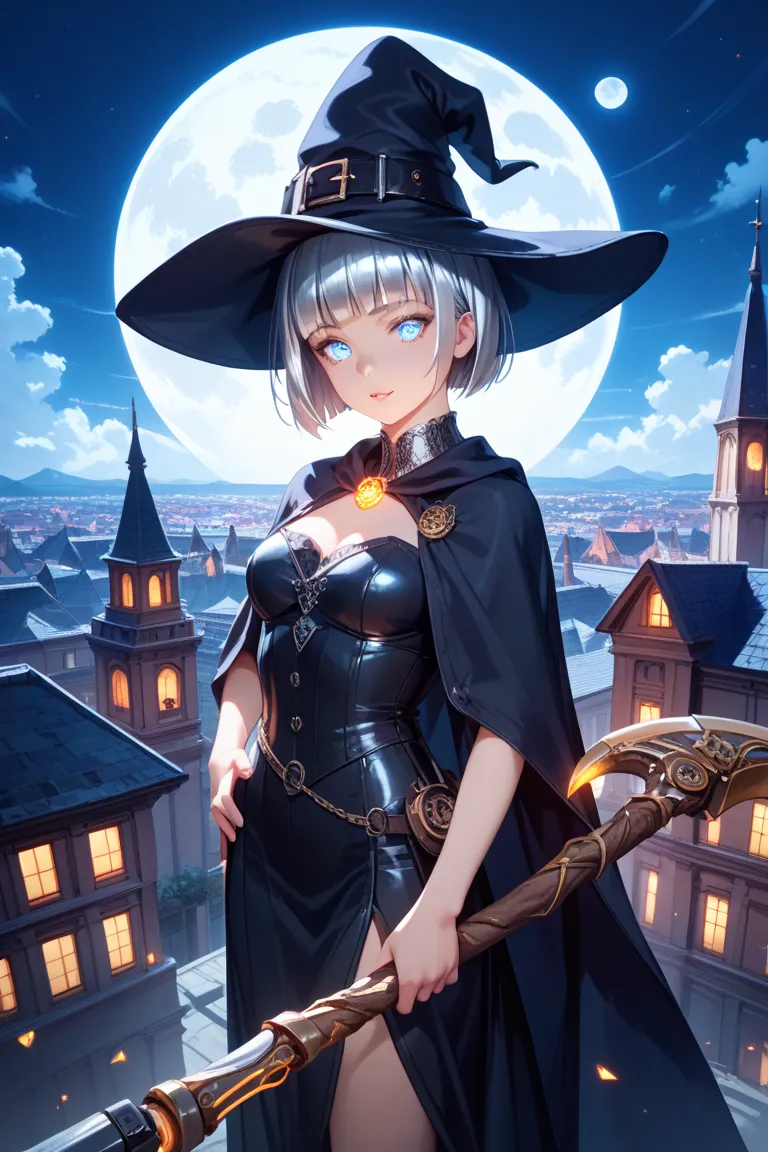 Ultra high resolution, rich colors, perfect image, top quality, detailed image, beautiful woman, glowing skin, skin and clothing texture, delicate eyes, night, moon, building rooftop, moon witch, witch hat, holding a big mechanical scythe, (((silver short ...