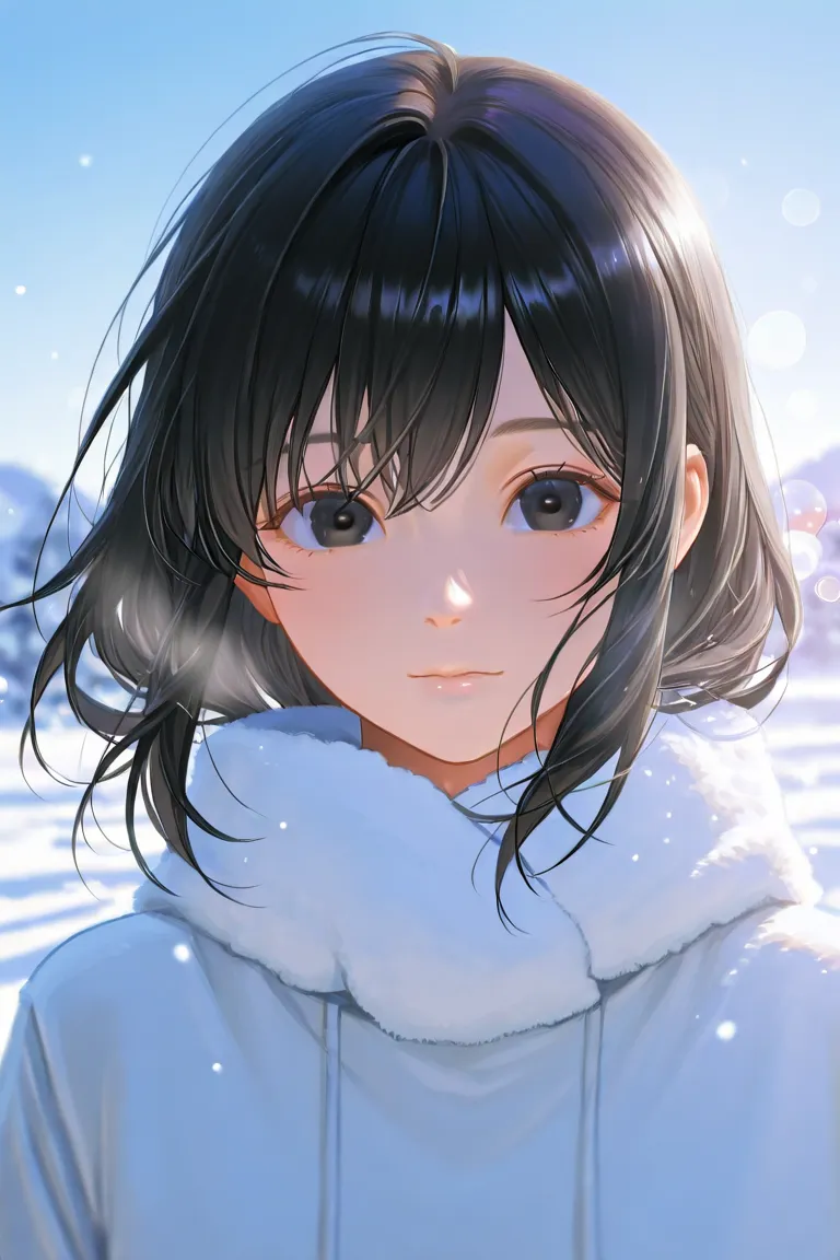 In a Snowy Landscape、Full Body Portrait of a Beautiful Girl Staring at Me with Shyness、 Exquisite Faces 、Round eyes、Faint Flushing Cheeks、small mouth 、Elegant look、Lonely Atmosphere Surrounded by Snow、Delicate Textures、High Precision、realistic、4K rendering...