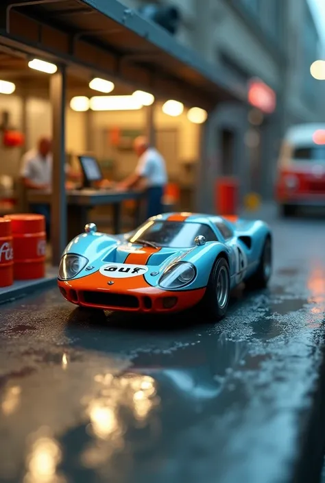 A highly detailed collectible toy car in Gulf racing livery starts rolling smoothly on a sleek surface. The wheels spin dynamically as the car moves forward with a slight motion blur, creating a sense of speed. The car then enters a realistic miniature aut...