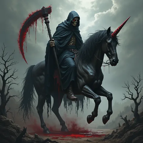 Gloomy grim reaper riding a black bloody unicorn