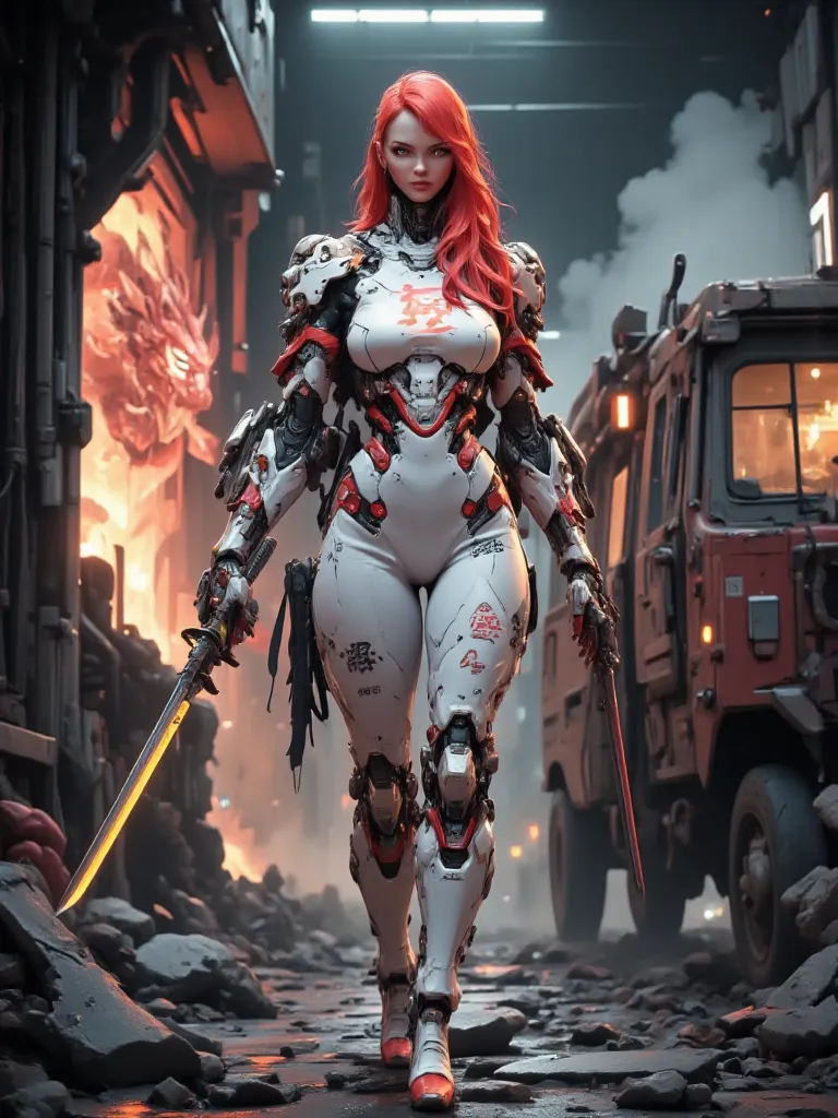 - Main Character, Adult Female "Chinese", Beautiful, Tall, Long Legs, Hair Burning Red Fire.
Looking at the audience.

- Sexy and Athletic Body Shape
Perfect body curves, big breasts, wide hips, flat and slim stomach, big buttocks.
Full of colored tattoos ...