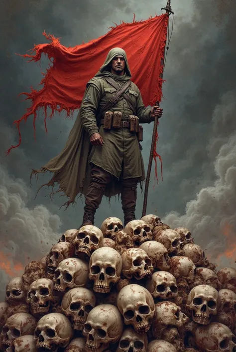 Emblem showing a pile of skulls and, above them, a bloodied soldier holding a torn flag. Hardened expression, merciless look. The background must have smoke and a dark sky, conveying the brutality of war.