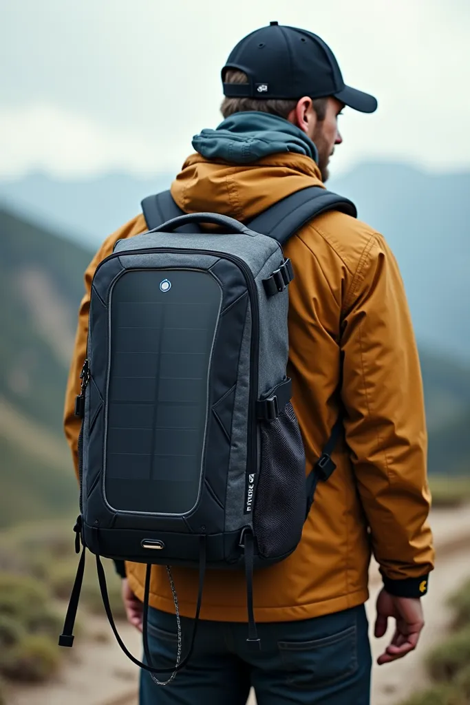 A travel backpack with a, solar panel along with a cable charging a phone, a GPS pin and a Wi-Fi antenna on one side